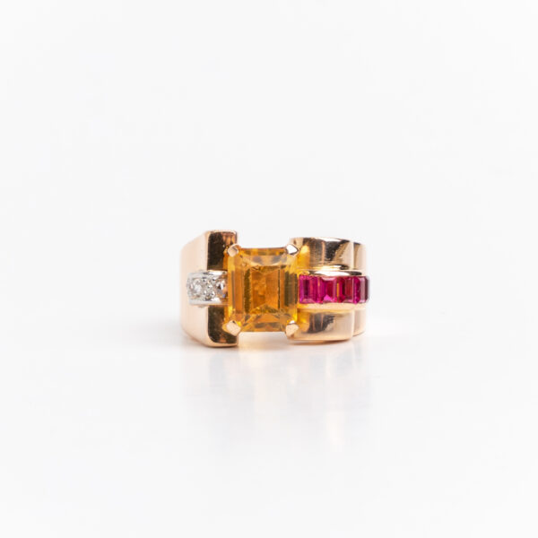 Anillo chevallier oro 18 kt y citrino rubies y brillantes