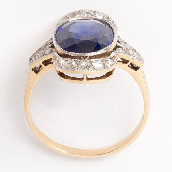 Anillo Oro 18kt Y Platino 950. Zafiro Azul Y Brillantes Deco - Image 3