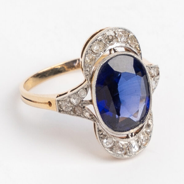 Anillo Oro 18kt Y Platino 950. Zafiro Azul Y Brillantes Deco - Image 2