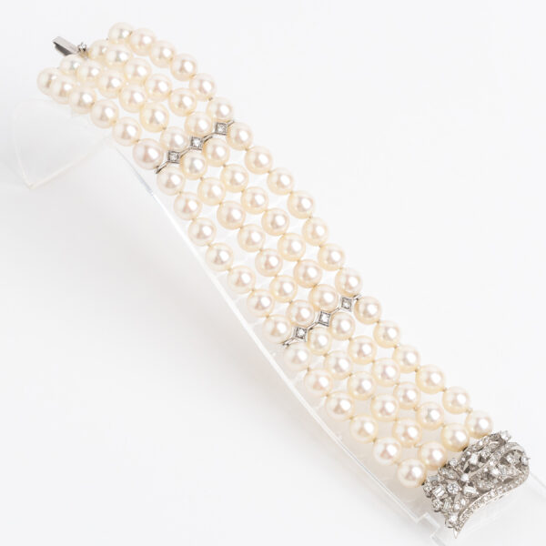 Pulsera brazalete perlas naturales oro 18 kt y brillantes. - Image 2