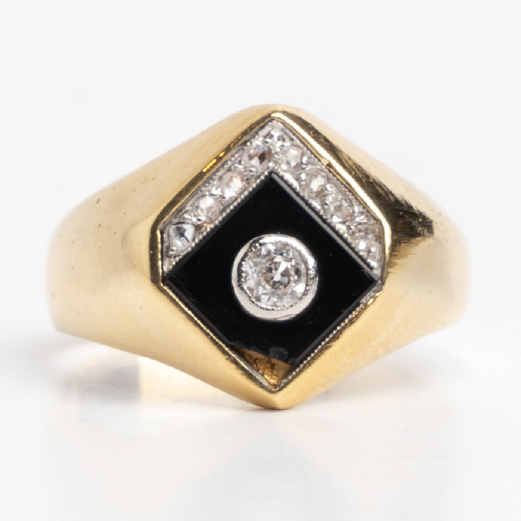 Anillo Unisex De Oro 18 Kt Onix Y Brillantes