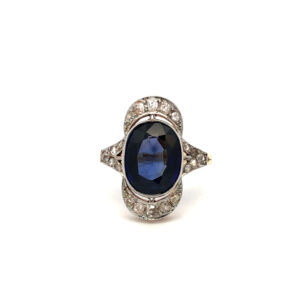 Anillo Oro 18kt Y Platino 950. Zafiro Azul Y Brillantes Deco