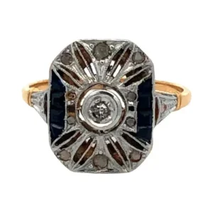 Anillo Art-decó Oro 18kt Platino Zafiros Azules Y Brillantes