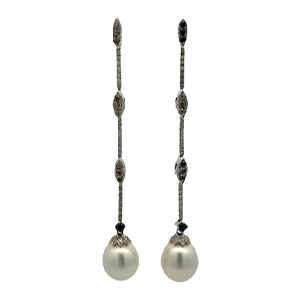 Aros Colgantes Oro Blanco 18 Kt Y Brillantes Y Perlas
