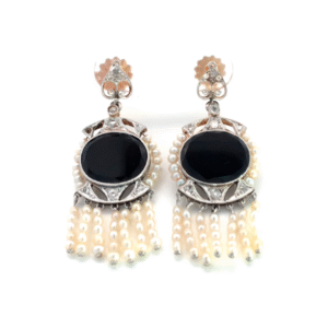 Aros Colgantes Oro 18 Platino Ónix Diamantes Perlas
