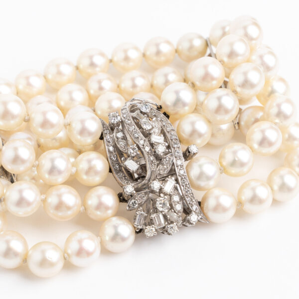 Pulsera brazalete perlas naturales oro 18 kt y brillantes. - Image 5