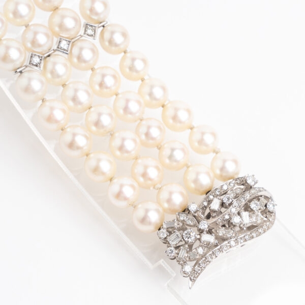 Pulsera brazalete perlas naturales oro 18 kt y brillantes. - Image 3